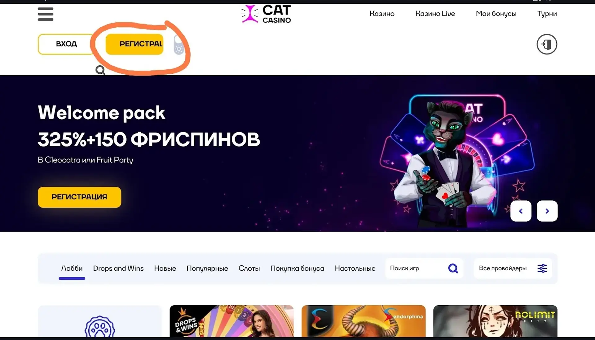 Главная страница Cat Casino